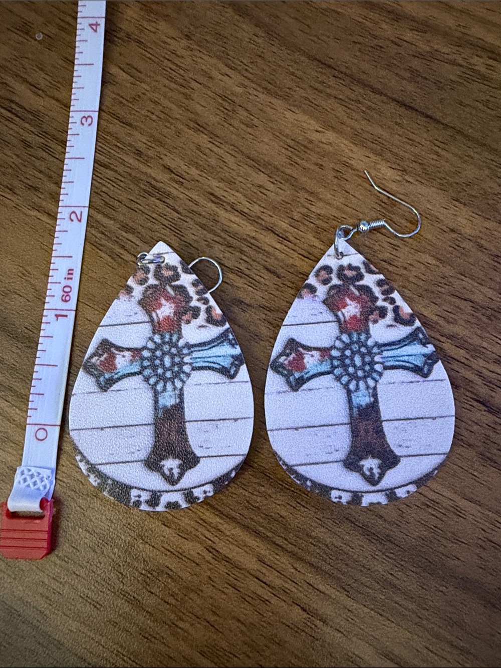 Teardrop Cross Dangle Earrings in White and Brown